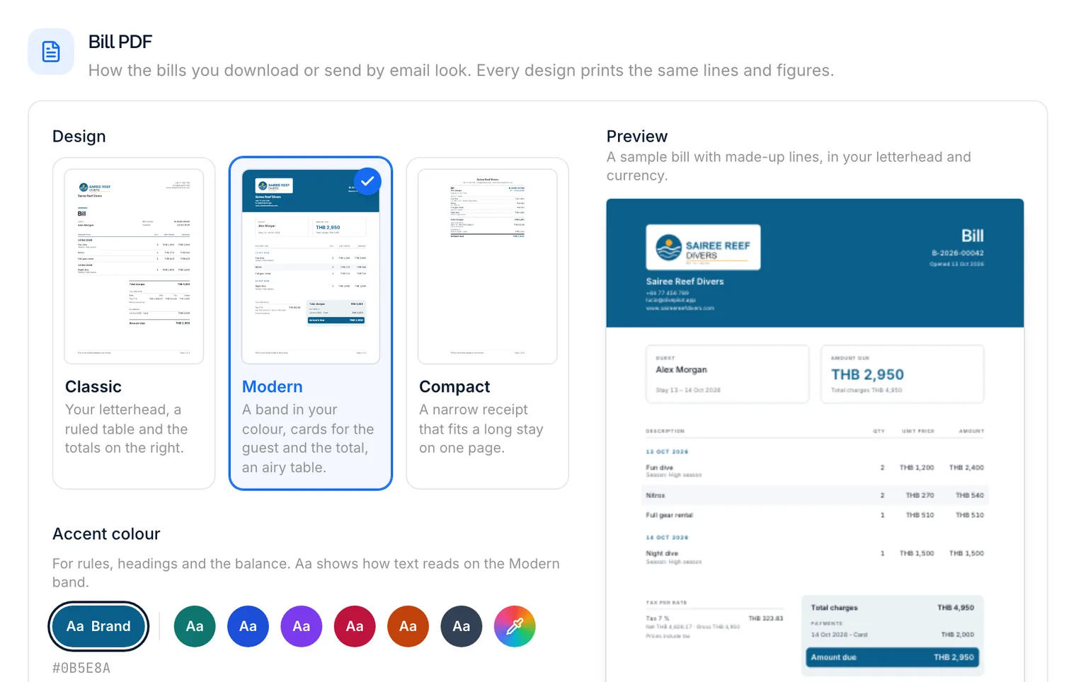 Le impostazioni del PDF del conto con il design Moderno e un'anteprima dal vivo