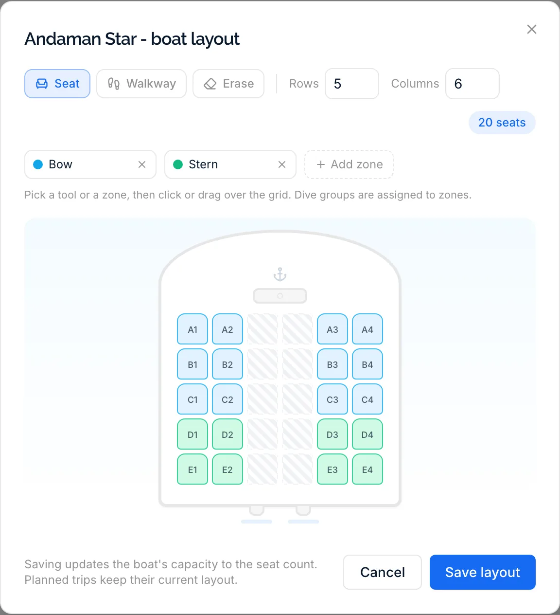The boat layout editor: seats, walkways and named zones painted on a grid