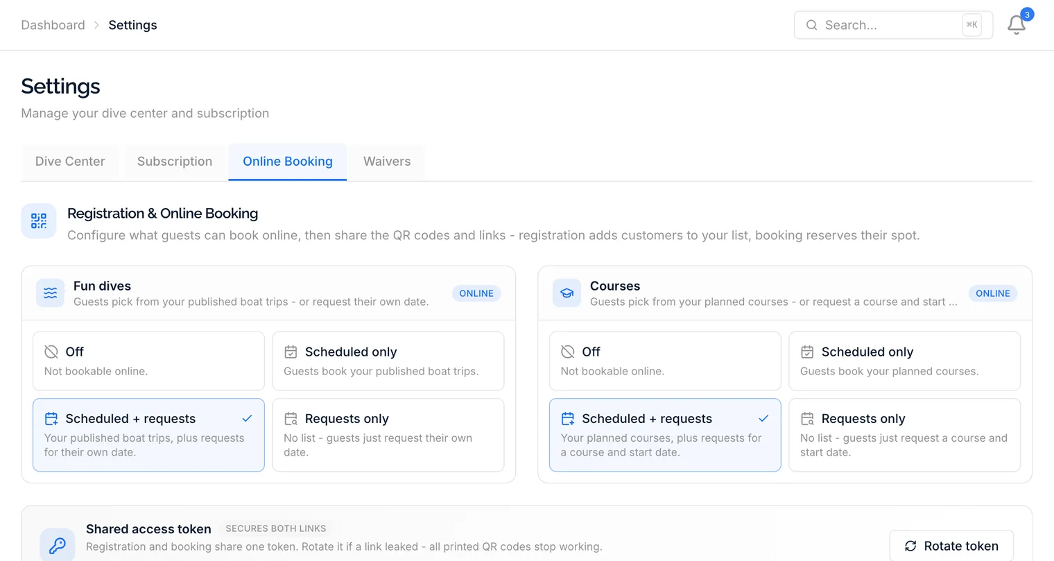 Online booking settings: what guests may book, and the shareable QR codes