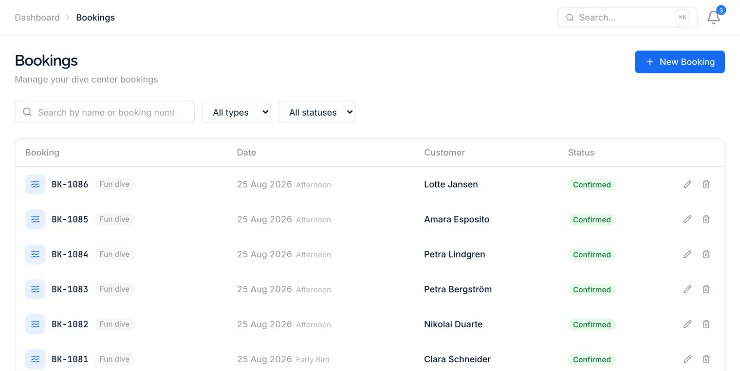 The bookings list with status badges and unassigned bookings flagged
