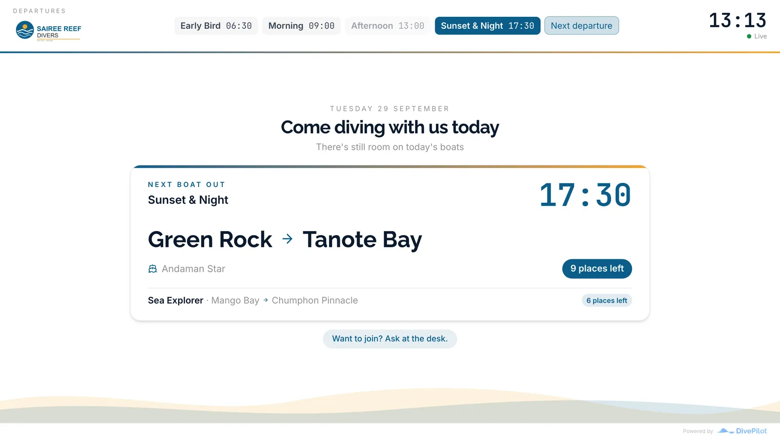 The promotion screen: today's departures with their boats, dive sites and places left, and an invitation to ask at the desk