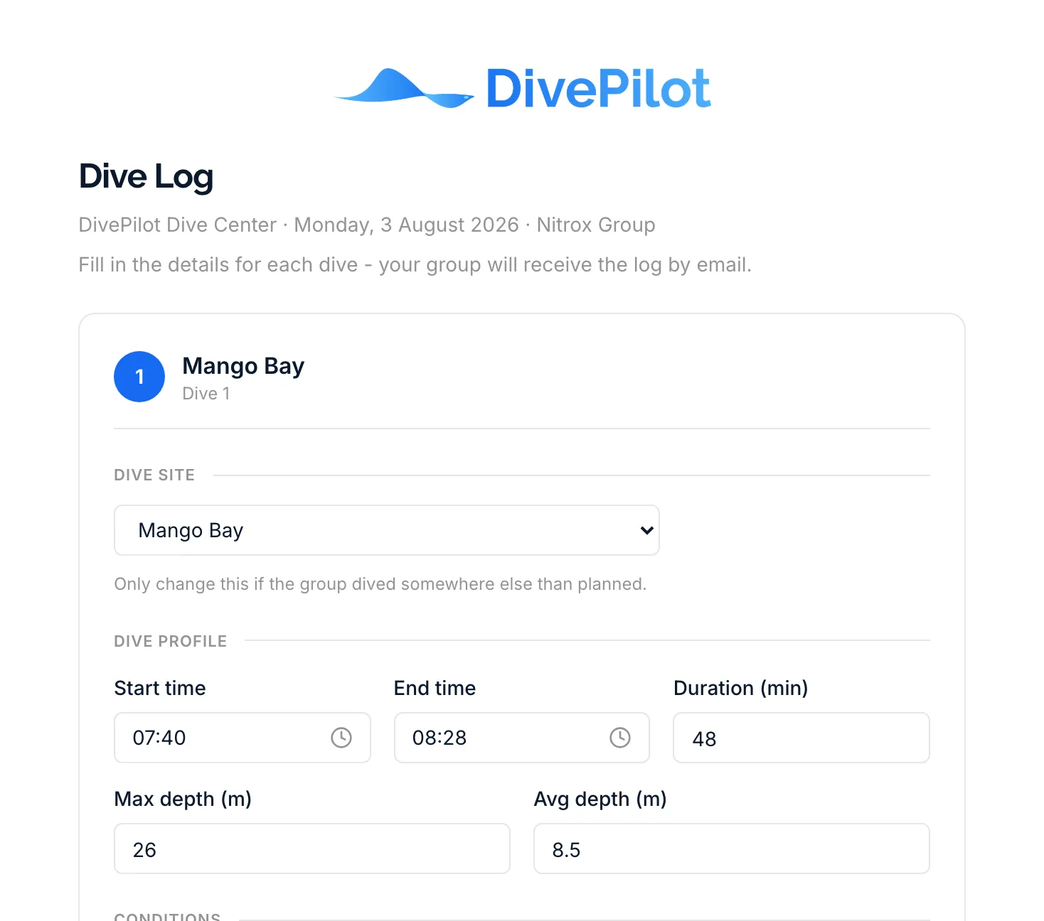 The guide's dive log form: one entry per dive with depth, duration and conditions