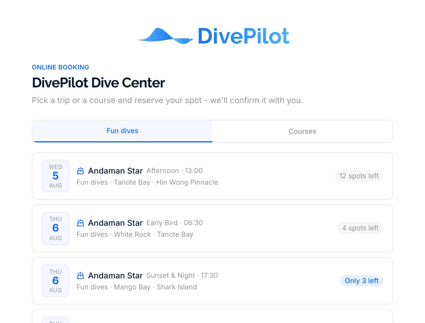The guest-facing booking page listing upcoming departures with spots left