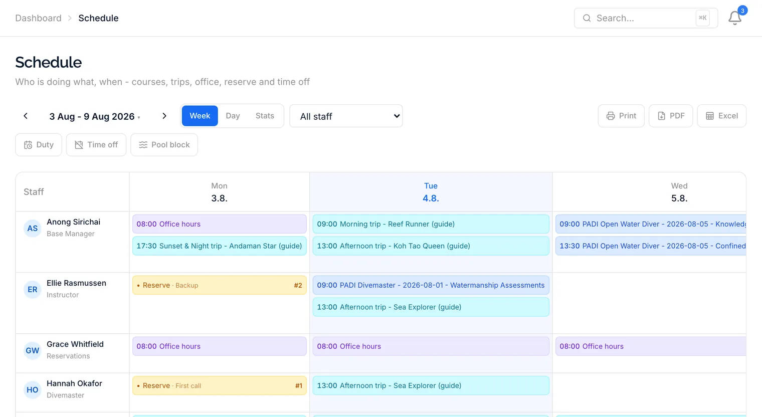 The staff schedule week grid with trips, courses, office hours and reserve duty