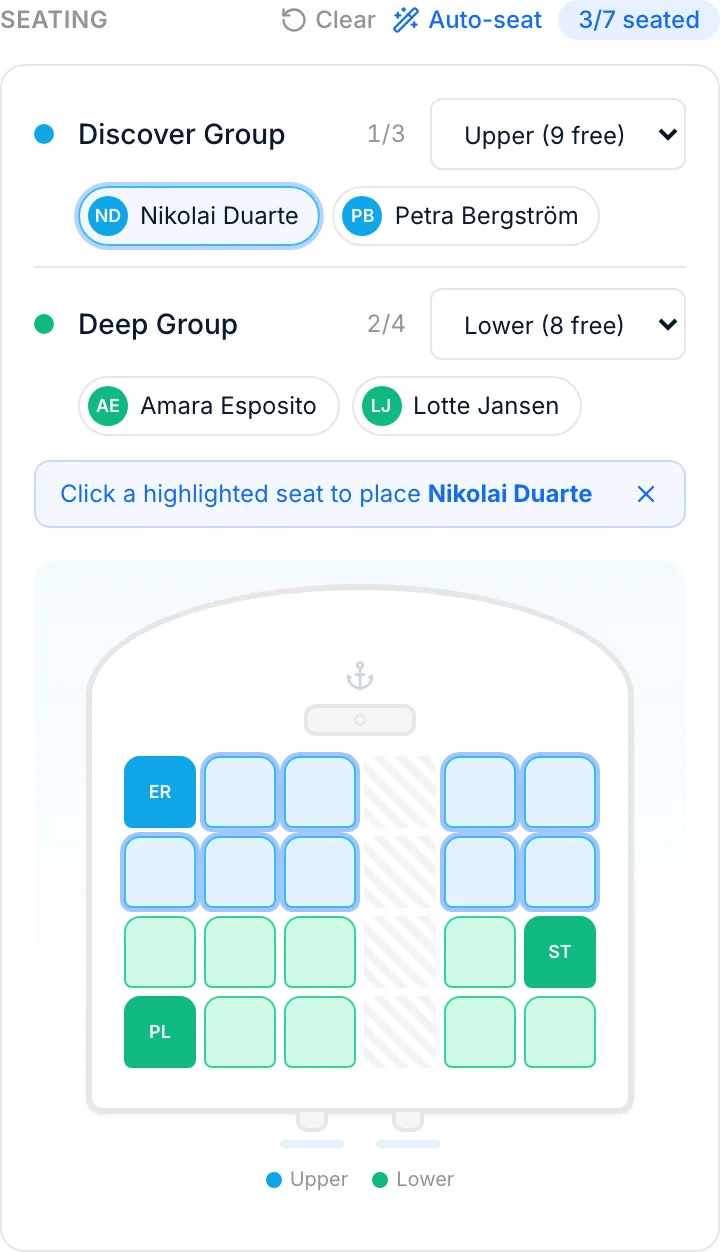 The seat map mid-assignment, with free seats highlighted for the selected diver